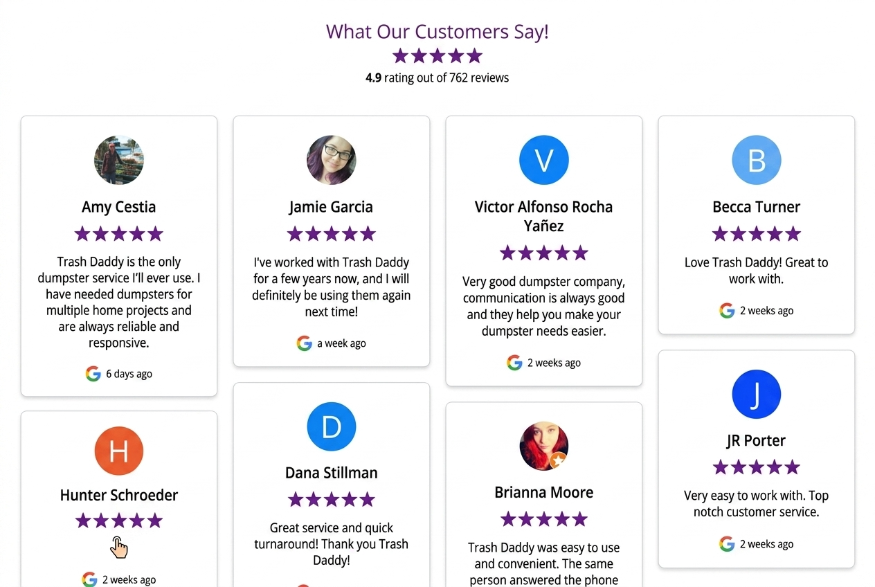 Group of actual reviews for Trash Daddy Dumpsters from the Review Automator system